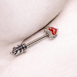Red Heart Glitter Nipple Ring,14g Red Heart & Feather Nipple Piercing Jewelry, Set of 2 Intimate Piercing Jewelry Personalized Body Jewelry