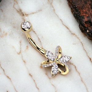 Anello per ombelico con fiore marquise da 14 g, decorazione floreale con gemma scintillante, piercing per anello ombelico in oro non pendente, gioielli per piercing all&#39;ombelico