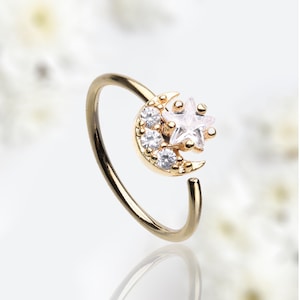 20g Gold Star & Moon Nose Ring, Crescent Moon Star Decor Sparkle Gem Snug Nose Piercing Hoop Ring, Cartilage Nose Multipurpose Hoop Ring