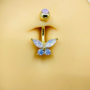 Pink Opalite Butterfly Belly Button Piercing, 14g Belly Ring Navel Ring Butterfly Body Jewelry