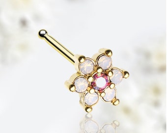 20G Gold Pink Flower Nose Stud, Beautiful Flower Decor Opal Pink Gem Nose Ring Stud, Nose Bone Nose Piercing Jewelry