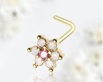 20G Gold Sparkling Rose Pink Flower L Shape Nose Stud