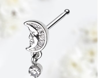 20G Silver Crescent Moon Dangling Gem Nose Stud