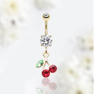 14G Gold Red Gem Dangling Cherry on Top Belly Button Ring
