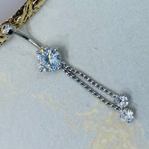 Dangling Rope Belly Ring, Sparkle Gem Dangle Chain Decor Belly Piercing Ring Barbell, Navel Piercing Jewelry
