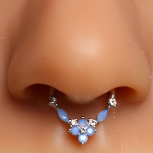 Gorgeous Blue Opal Flower Septum Ring, 16g 14g Floral Hinged Septum Clicker Piercing Hoop Ring