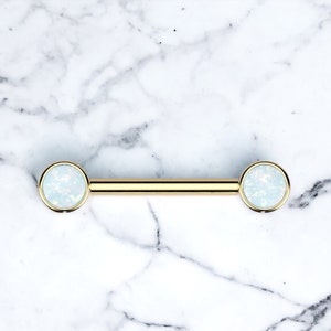 Pair of 14G Implant Grade Titanium Internally Threaded Gold Bezel Set White Opal Stone Nipple Barbell.