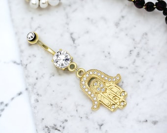 14g Gold Plated Belly Ring – Hamsa Hand Evil Eye Dangling Navel Bar