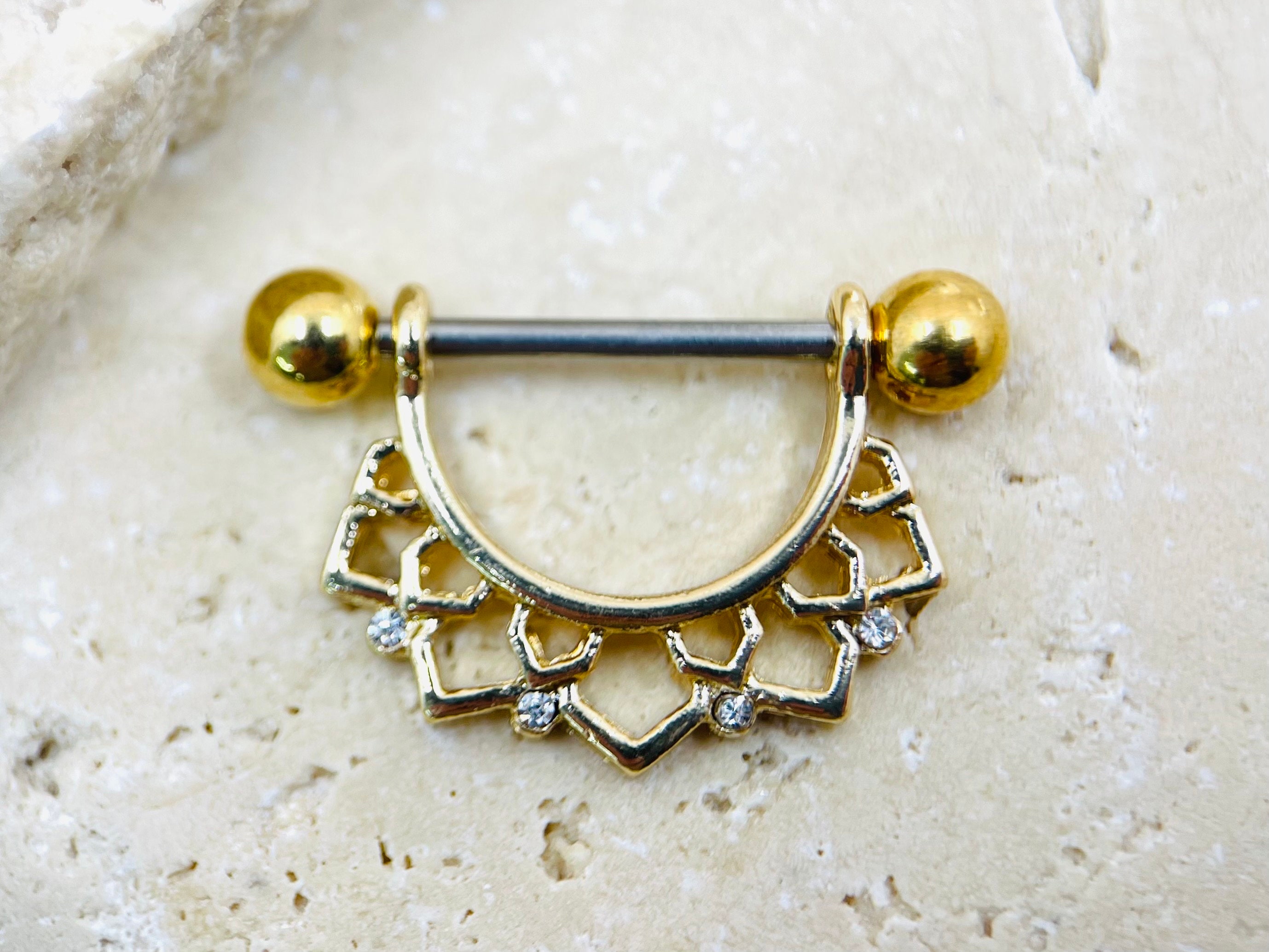 14 Gauge 9/16 Yellow Gem Gold Tone Luxe Heart Barbell Nipple Ring Set