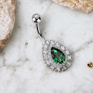 14G Emerald Belly Button Ring, Beautiful Green Emerald Teardrop Decor Belly Button Piercing Ring Jewelry, Navel Piercing Body Jewelry