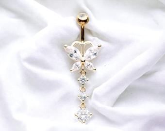 14G Gold Dainty Butterfly Dangling Belly Button Ring
