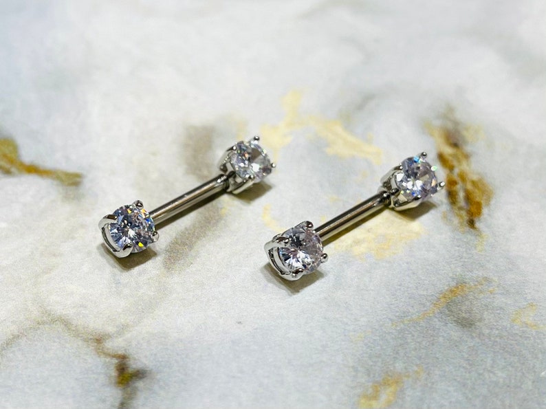 Nipple Jewelry Nipple Piercing Nipple Rings Pair of 14G Silver Prong Set Sparkling 7mm Stone Nipple Barbells