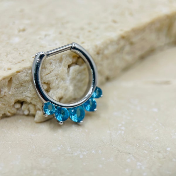 Blue Septum Ring, Sparkling Aqua Stone Septum Clicker Ring, 16G Septum Hoop