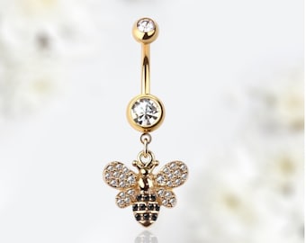 Anneau de nombril pendant abeille en or, anneau de nombril abeille pendante, bijoux de piercing