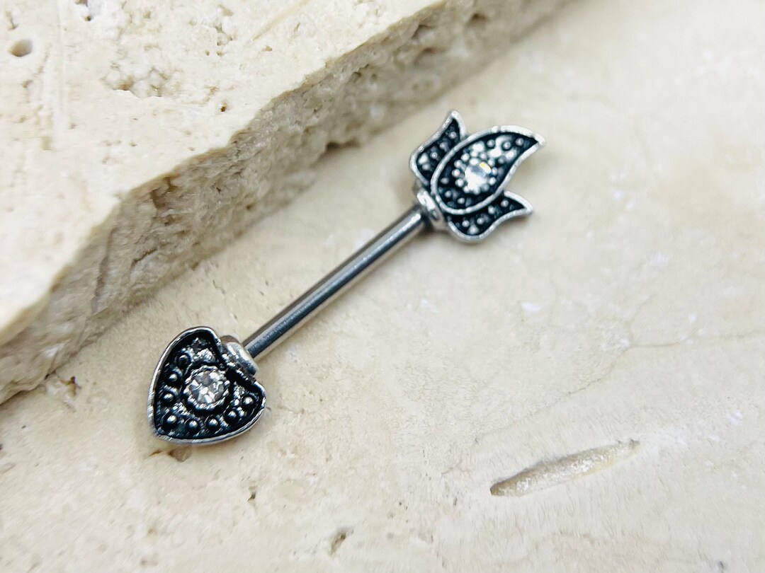 14G Flaming Arrow Nipple Piercings Rings, Arrow on Fire Sparkle Gems