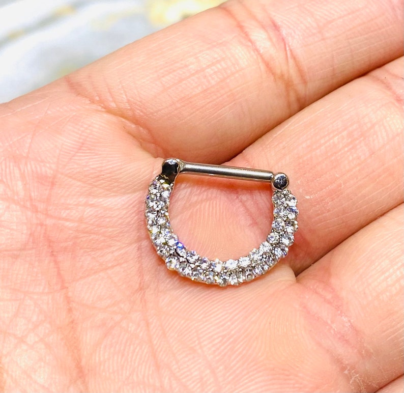 Nose Ring. Septum Ring Septum Jewelry 14G Double Line Clear Stones 12MM Septum Clicker Ring Septum Piercing