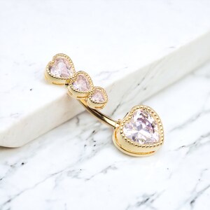 Gold Triple Heart Tier Drop Top Belly Button Ring Piercing, Navel Ring Piercing Jewelry