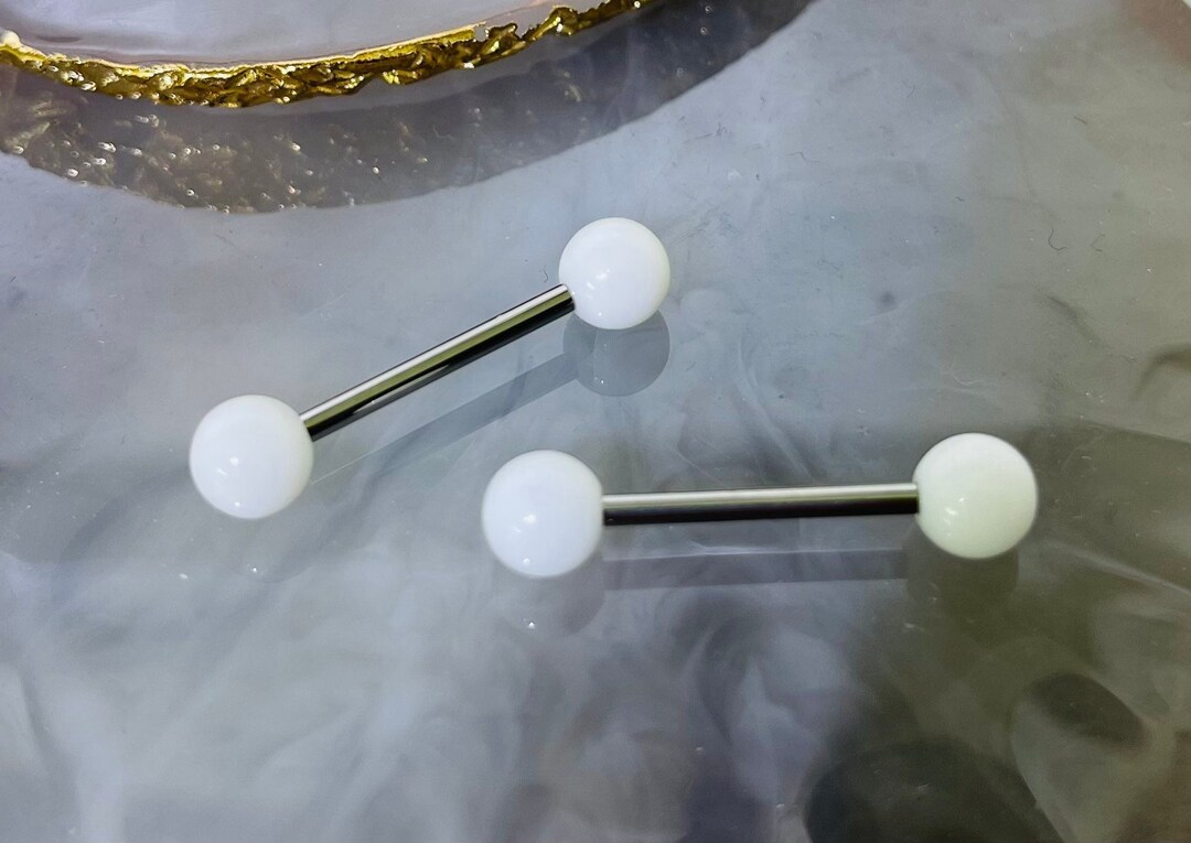 Pair of 14G Basic Solid White Nipple Barbell. Nipple Rings. Nipple