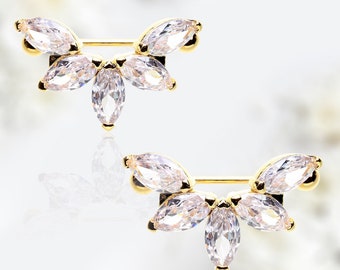 Pair of 14G Gold Sparkling Marquis Gems Nipple Barbell