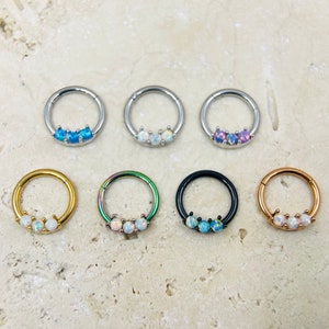 16G Opal Septum Piercing Hoop Clicker Ring. Beautiful Multicolor Opal Decor Front Hoop Ring, Daith Cartilage Septum Piercing Nose Hoop Ring
