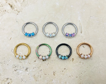 16G Opal Septum Piercing Hoop Clicker Ring. Beautiful Multicolor Opal Decor Front Hoop Ring, Daith Cartilage Septum Piercing Nose Hoop Ring
