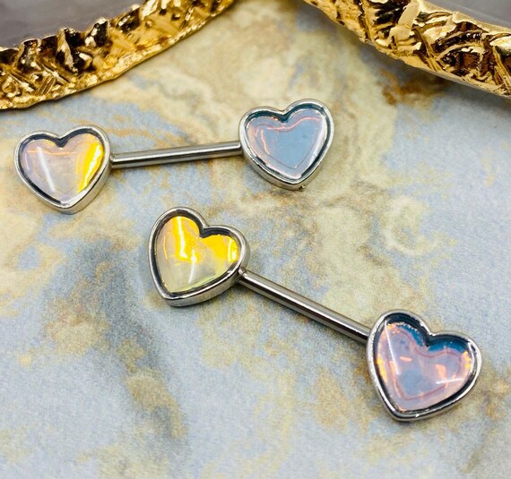 A Set Og 14G Illumination Opal Heart Nipple Barbells. Nipple