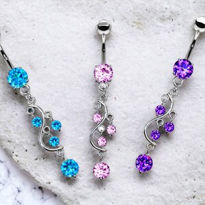 Fancy Dangle Belly Ring, Sparkle Gem Vine Drop Decorative Belly Ring Piercing Jewelry Navel Piercing Ring Pink Purple Blue Belly Ring
