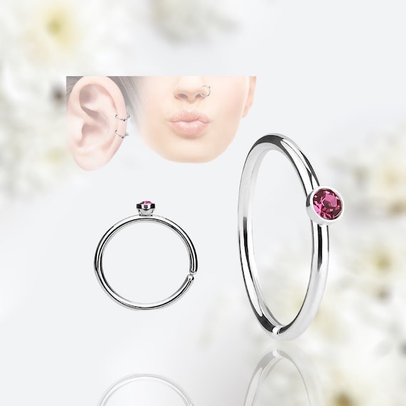 20g Pink Gem Top Nose Piercing Hoop Ring, Simple Style Single Pink