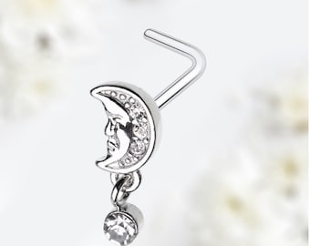 20G Crescent Moon Dangling Gem L Shape Nose Piercing Stud, Dainty Little Gem Dangle Moon Decor L Bend Nose Ring Stud, Nose Piercing Jewelry