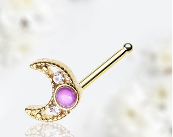 20G Gold Pink Opal Crescent Moon Nose Bone Stud