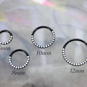 18G & 16G Black Clear Gems Hinged Septum Clicker Ring. Septum Ring. Septum Piercing. Cartilage Ring