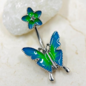 Butterfly Belly Button Ring, Flower Top  Decor Butterfly Belly Button Ring Piercing Jewelry, 14g Navel Ring, Body Jewelry
