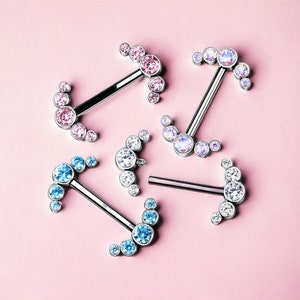 Implant Grade Titanium Internally Threaded Bezel Setting Nipple Barbells, Colorful Decor Gems Titanium Nipple Piercing. Nipple Jewelry.