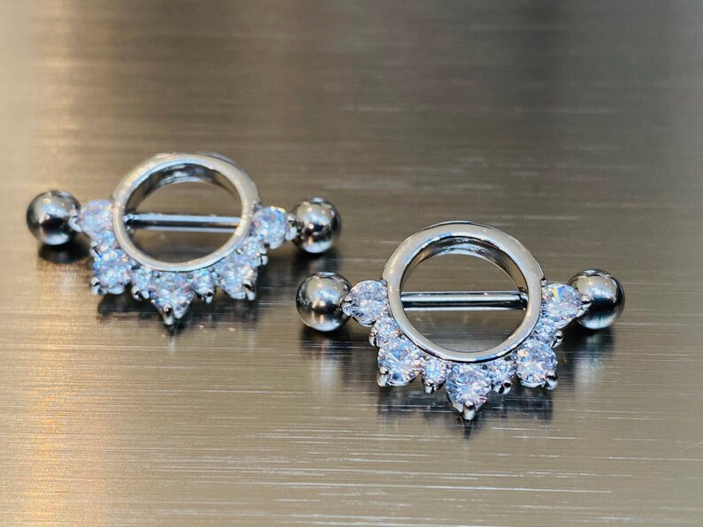 14G Half Circled Clear Stones Nipple Shield Nipple Jewelry. Nipple Rings Nipple Piercings