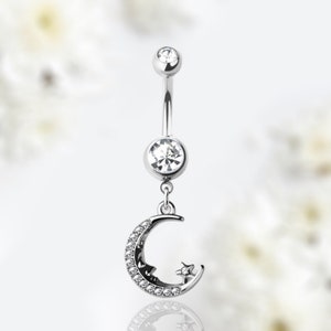 14G Silver Moon & Star Dangling Belly Button Ring