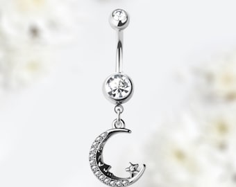 14G Silver Moon & Star Dangling Belly Button Ring
