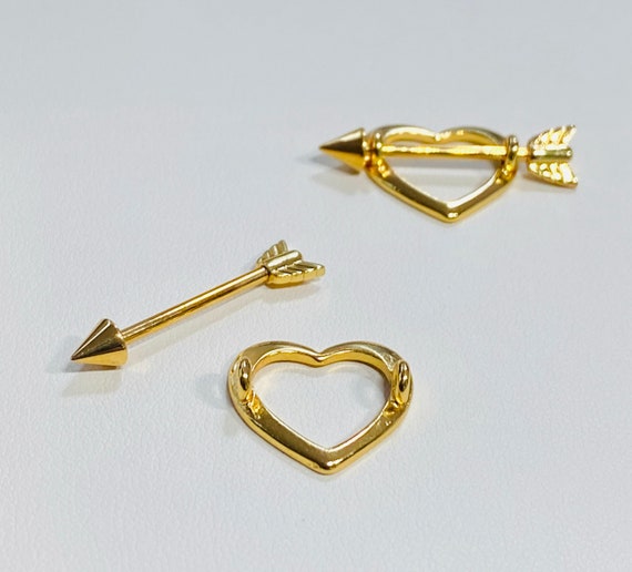 14G Gold Cupid Heart Nipple Shield Barbells. Nipple Piercings. 