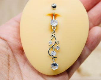 Silver Multi Gem Vine Dangling Surgical Steel Belly Button Ring Piercing. Jewelry for Woman. Gift for Her