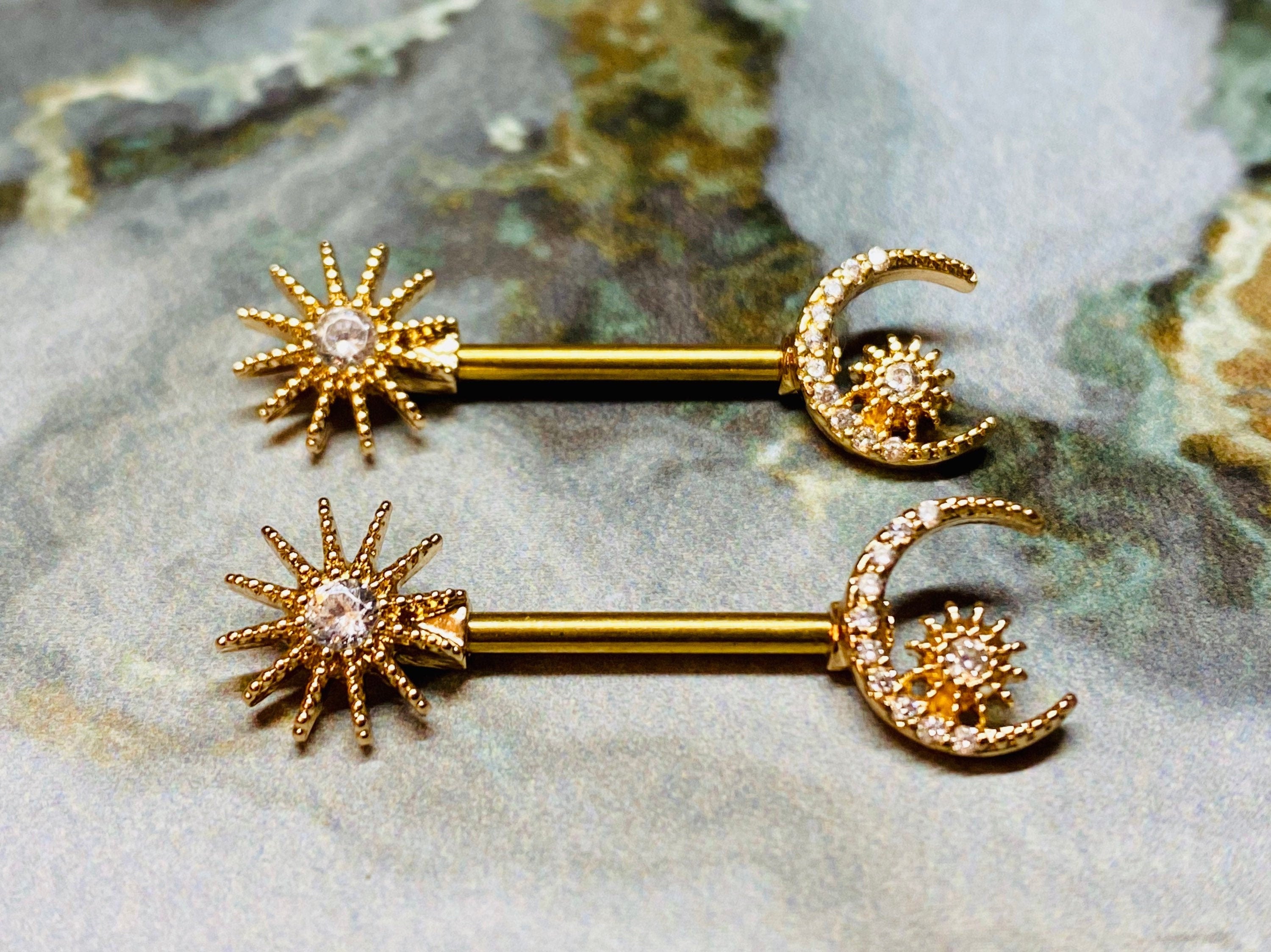 A Pair of 14 Karat Gold Prong Set Gem Sparkle Nipple Barbell-Clear Gem 