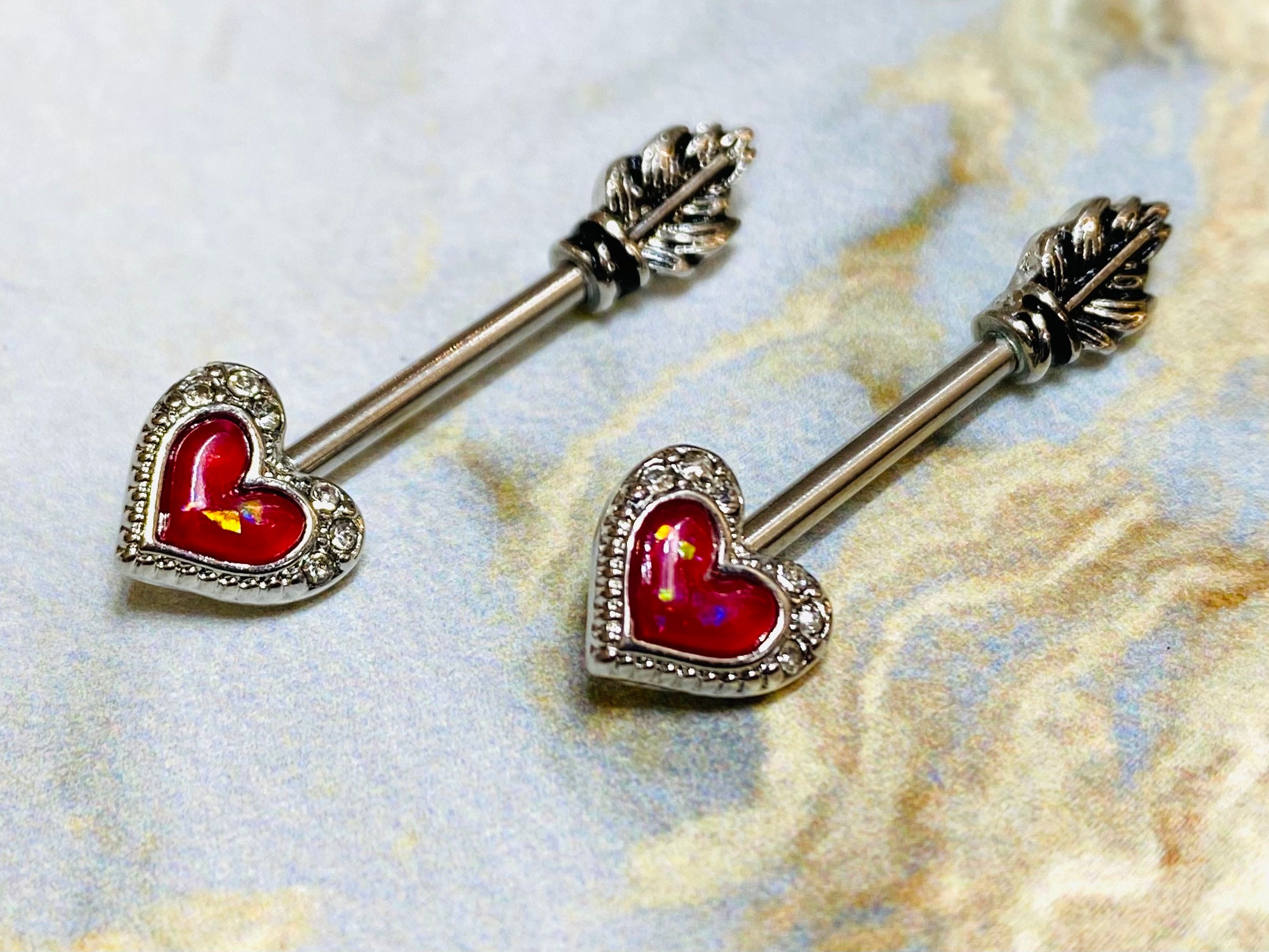 14G Red Opal Glitter Heart Nipple Jewelry Barbell Nipple Piercing