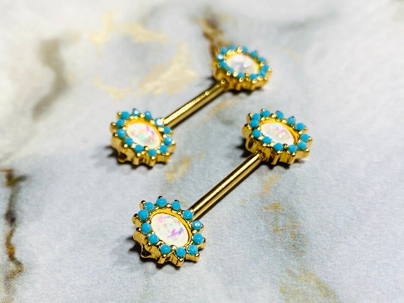 Nipple Rings Nipple Jewelry Pair of 14G Gold Elegant Opal with Turquoise Stone Nipple Barbells Nipple Piercing