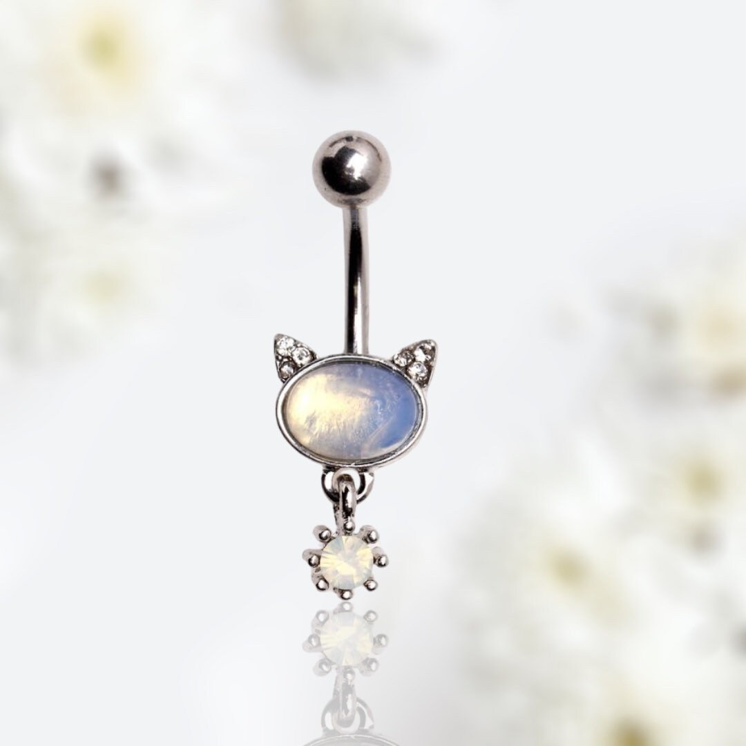 Opal flower shaped dangle belly button piercing ring aqua cz gemstones 14g  stainless