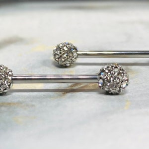 14G Silver Clear Stones Dome Nipple Barbells. Nipple Piercings. Nipple Rings. Nipple Jewelry