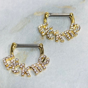 LICK ME Nipple Clickers Barbell, Sparkle Lick Me Sexy Nipple Rings, 14g Gold Nipple Jewelry, Nipple Piercing Barbell Custom Body Jewelry