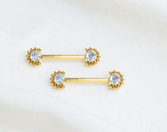 14G Implant Grade Titanium Internally Threaded Nipple Piercing Barbell Sparkle Gem Beaded Decor Gold Nipple Piercing Jewelry Nipple Rings