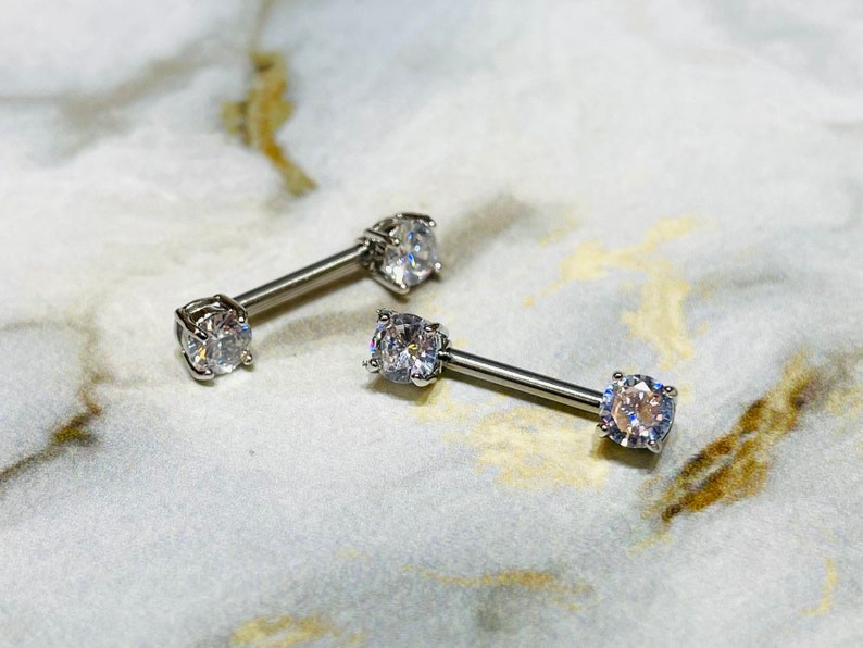 Nipple Jewelry Nipple Piercing Nipple Rings Pair of 14G Silver Prong Set Sparkling 7mm Stone Nipple Barbells