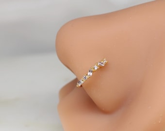 Gold Dainty Nose Piercing Ring, Zig Zag Gem Decor Top Thin Snug Fit Nose Piercing Hoop Ring Jewelry