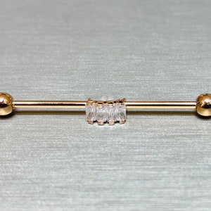 Rose Gold Industrial Barbell with Baguette Square Stones (14G, 38mm)
