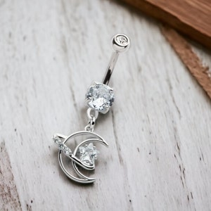 Crescent Moon & Star Belly Button Ring, Delicate Belly Ring, Moon Belly Ring Navel Ring