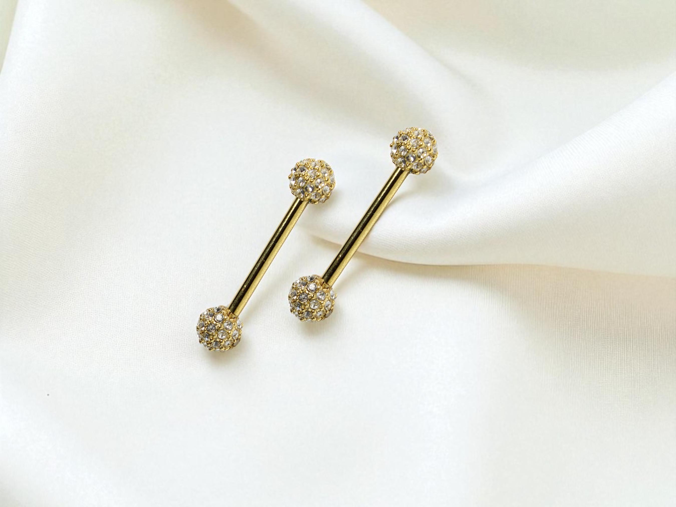 14K Gold Plated Surgical Steel Nipple Bar Clicker Rings – CZ Paved, 14g X 12mm, Pair